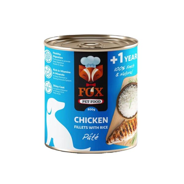 کنسرو پته سگ بالغ با طعم مرغ و برنج 800 گرمی فاکس - تصویر 1